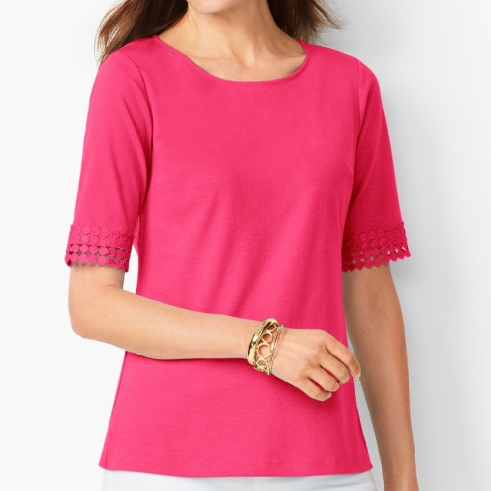 Talbots Bright Pink Round Neck Detail Trim Short Sleeve Top Size XL